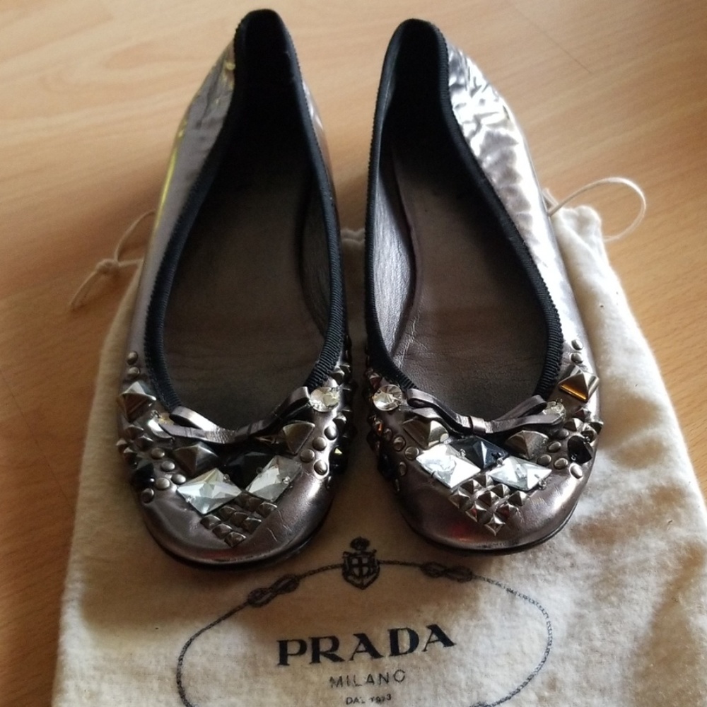 Prada jeweled metallic silver leather ballet flats